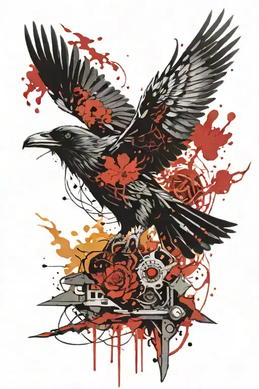 "A detailed tattoo of a raven with glowing eyes surrounding the raven, include elements of Japanese wisdom, intelligenc  tattoo design idea