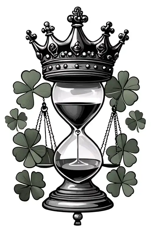 hour glass chess king crown and 4 leaf clover surrounding on the bottom put a balance  scale  tattoo design idea