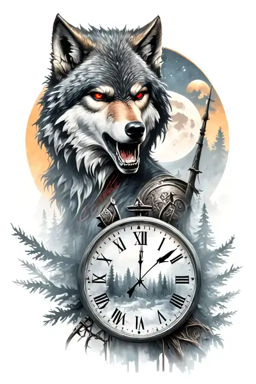 Analog clock shows time 6:15, warrior woman, angry wolf with red eyes, moon, forrest and fog  tattoo design idea