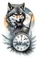 Analog clock shows time 6:15, warrior woman, angry wolf with red eyes, moon, forrest and fog  tattoo design idea