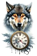 Analog clock shows time 6:15, warrior woman, angry wolf with red eyes, moon, forrest and fog  tattoo design idea