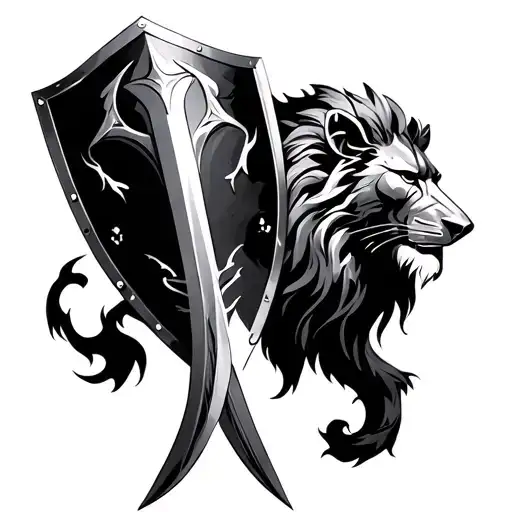 Knight with sword and Shield as a lion's head tattoo design idea