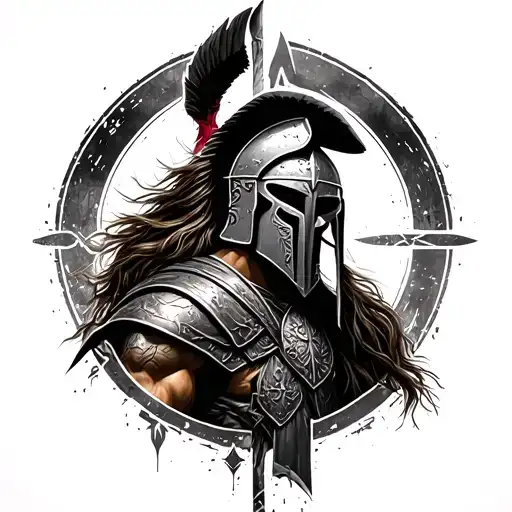 Photorealistic Spartan warrior with symbolic background representing constant growth and life struggle tattoo design idea