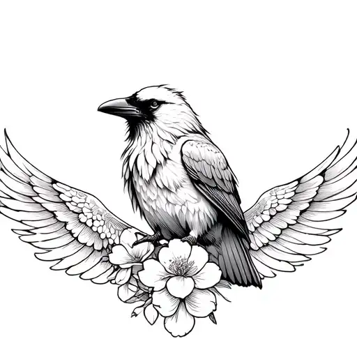 Women's tattoo on the chest Raven with open wings over the head of Sakura made by thin lines in the Japanese style in the CB tattoo design idea