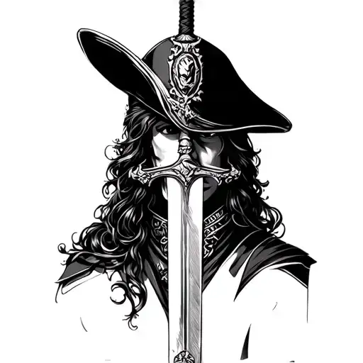 musketeer sword covering half of the face tattoo design idea
