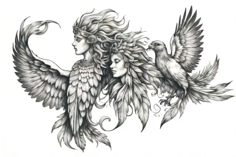 Gemini and leo, freedom, birds and feathers falling tattoo design idea