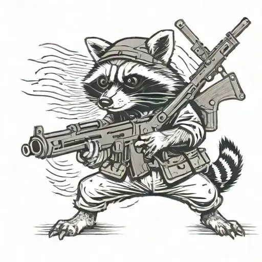soldier raccoon holding a light machine gun  tattoo design idea