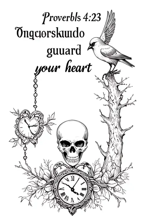 "Proverbs 4:23 guard your heart" cardinal, tree,skull,heart,rosary,clocks, claddagh, tattoo design idea