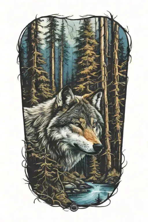 wolf blue eyes howling forest landscape tattoo design idea