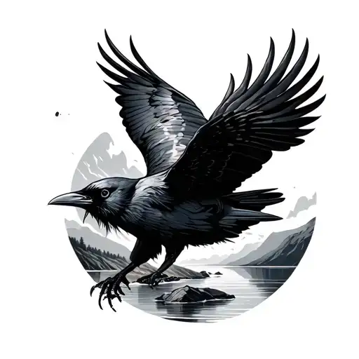 raven flying over fjord landscape tattoo design idea