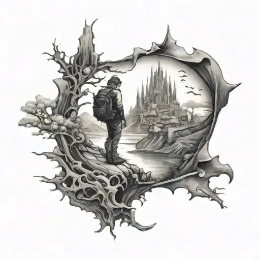 A surreal tattoo of a traveler exploring a dark and mysterious world inspired by gothic arts tattoo design idea