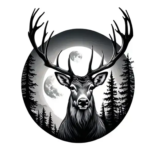 forest trees background deer and moon  tattoo design idea