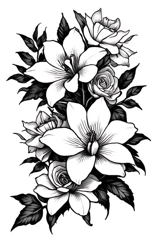 thigh tattoo stencil with lilies, orchids, lotus, and roses tattoo design idea