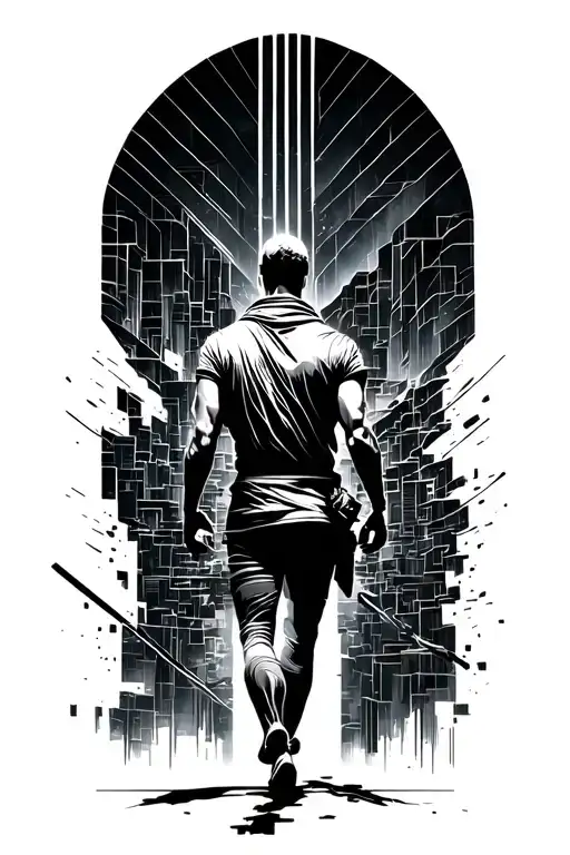 A lean clothed warrior walking uphill through a background of geometric urban chaos toward light. Seen from behind tattoo design idea