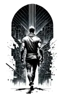 A lean clothed warrior walking uphill through a background of geometric urban chaos toward light. Seen from behind tattoo design idea