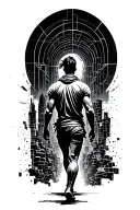 A lean clothed warrior walking uphill through a background of geometric urban chaos toward light. Seen from behind tattoo design idea