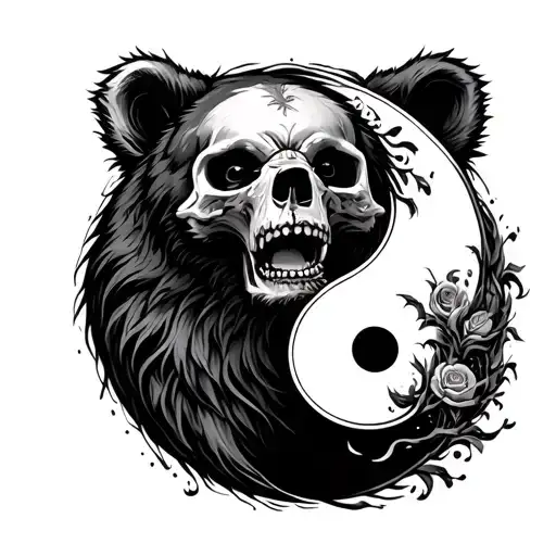 yin & yang symbol but with a bear's head and a human skull eating each other from tip to tail tattoo design idea