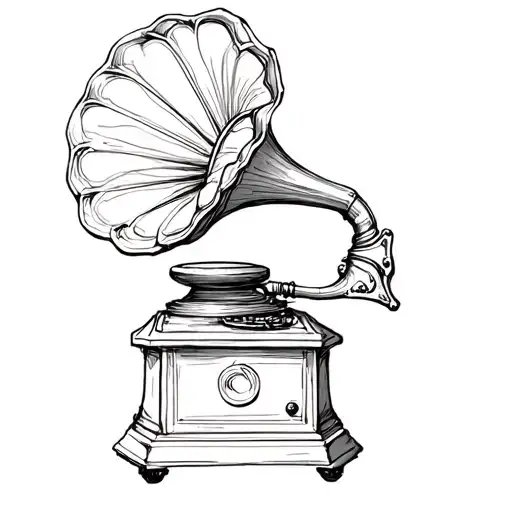 create a tattoo in a rough sketched style of a gramophone, make the lines less fixed and more flowy and make it spacy tattoo design idea