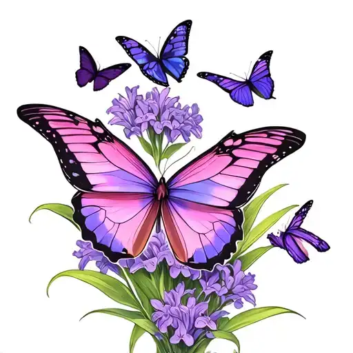 pink and purple butterflies flying amongst lilac iris flowers tattoo design idea