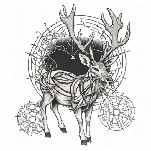 A whitetail deer with guitar strings incorporated into its antlers tattoo design idea