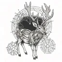 A whitetail deer with guitar strings incorporated into its antlers tattoo design idea