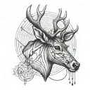 A whitetail deer with guitar strings incorporated into its antlers tattoo design idea