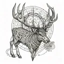 A whitetail deer with guitar strings incorporated into its antlers tattoo design idea