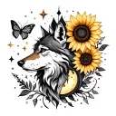 Minimalistic arm tattoo. With wolf, Sunflower, arrow, moon and stars, butterfly and forg;ven. tattoo design idea