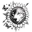 Minimalistic arm tattoo. With wolf, Sunflower, arrow, moon and stars, butterfly and forg;ven. tattoo design idea