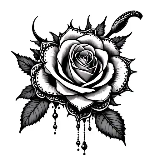 Roses climb down my thigh with sharp thorns dripping mandalas and beads and curving around the stem of the rose a viper tattoo design idea