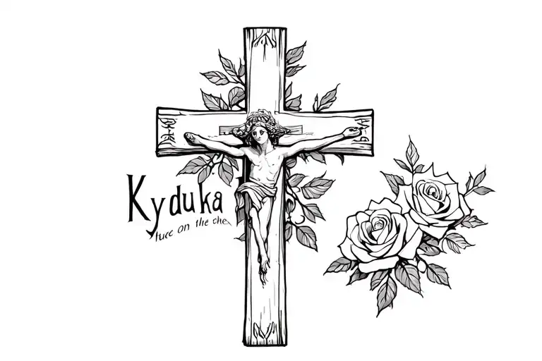 cross with roses and words saying kyduka on the cross tattoo design idea
