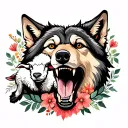 Wolf with mouth wide open teeth showing  with a sheep sitting in its mouth staring aimlessly with floral designs around  tattoo design idea