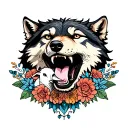 Wolf with mouth wide open teeth showing  with a sheep sitting in its mouth staring aimlessly with floral designs around  tattoo design idea