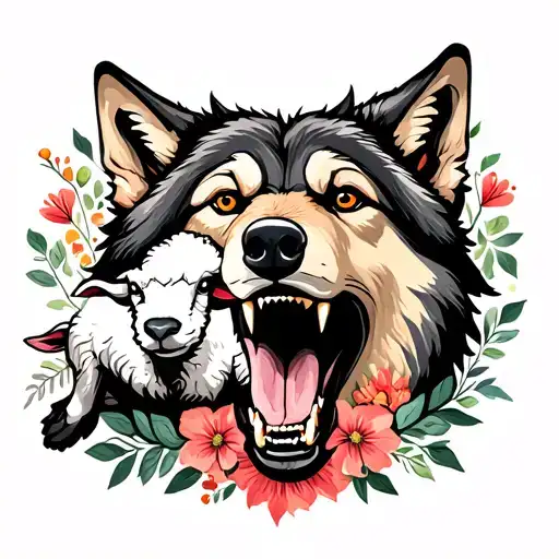 Wolf with mouth wide open teeth showing  with a sheep sitting in its mouth staring aimlessly with floral designs around  tattoo design idea