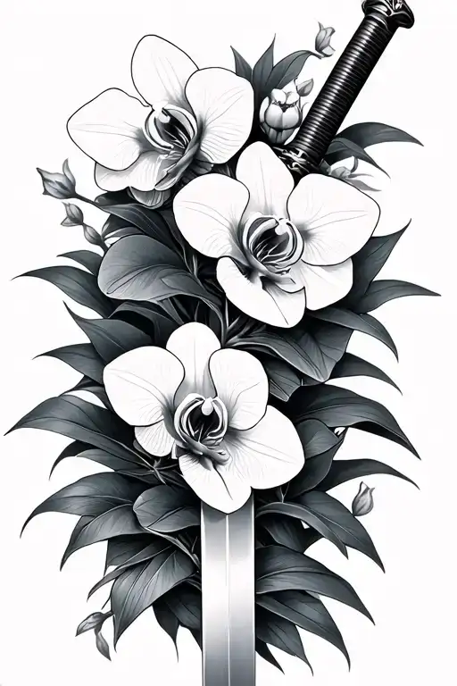 katana with orchids intertwined tattoo design idea
