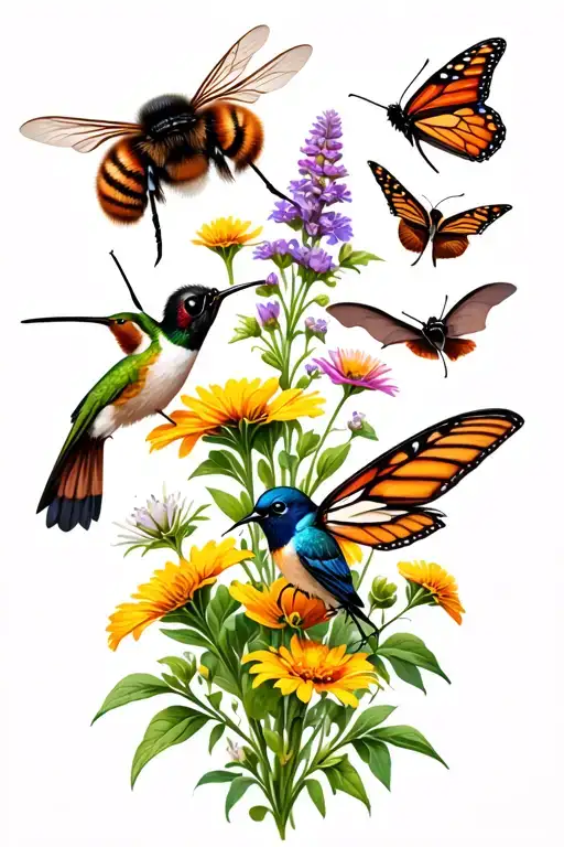 rusty patch bumblebee, hummingbird moth, swallowtail butterfly, brown bat, click beetle, & blue bird over wildflowers  tattoo design idea