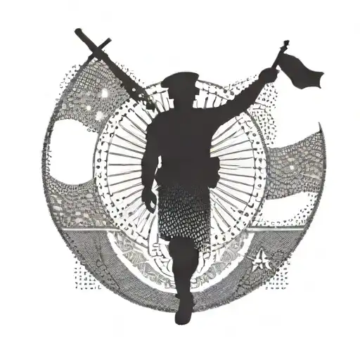 A silhouette of a soldier saluting the Indian flag with the preamble of the Indian constitution as a background tattoo design idea