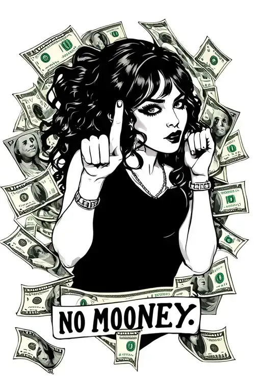 a hot face girl showing her middle finger with many bills around her and at the bottom it says no money no funny tattoo design idea