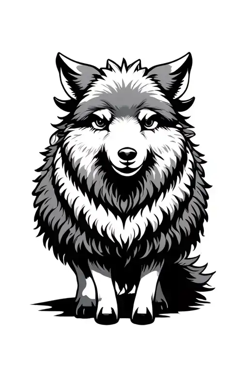 Japanese style sheep in wolf's clothing, sheep with wolf head above it, no eyes for wolf no color tattoo design idea