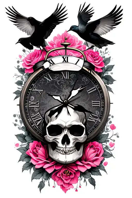 pink, skull, clock and dove go away tattoo design idea