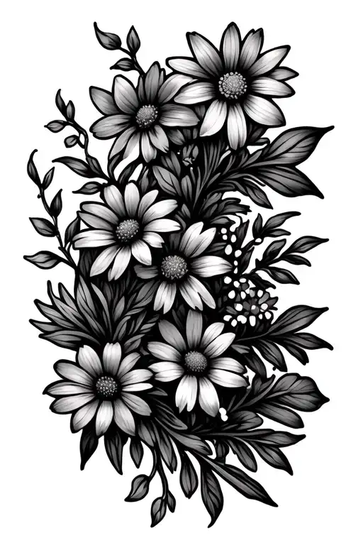 A delicate black floral vine that runs down the spine, intertwining daisies, aster, and daffodils in a seamless, natural tattoo design idea