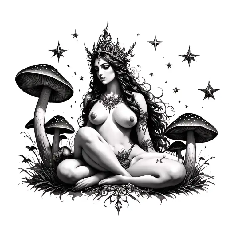 sexy pagan goddess from the chest up. surrounded by stars and mushrooms tattoo design idea