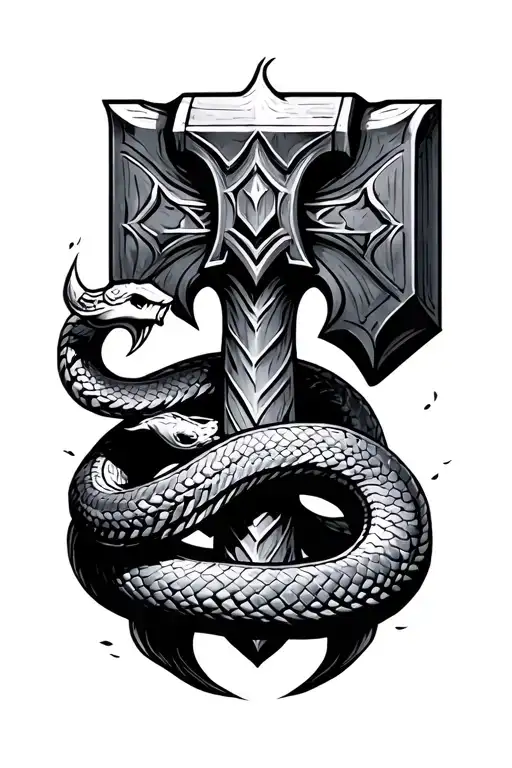 thors hammer with ligtning and snake wrapped around tattoo design idea