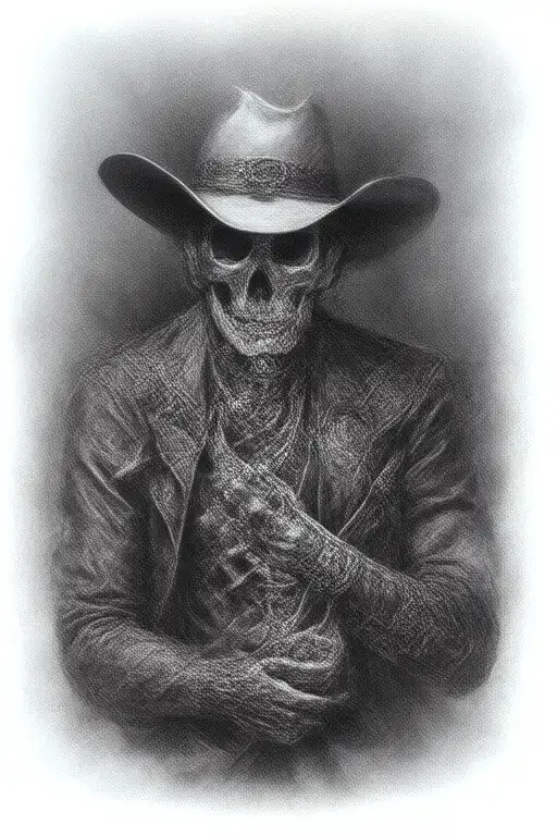 whiskey cowboy gun skeleton tattoo design idea