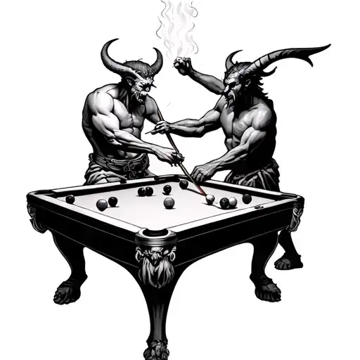 black and white tattoo of god and the devil playing a very heated game of pool tattoo design idea