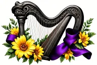 realistic Irish harp, yellow flowers with a purple ribbon tattoo design idea