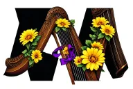 realistic Irish harp, yellow flowers with a purple ribbon tattoo design idea