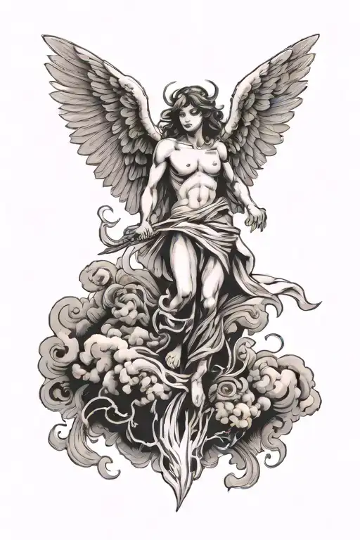 Angel with devil wing  clouds above fire below tattoo design idea