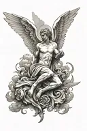 Angel with devil wing  clouds above fire below tattoo design idea
