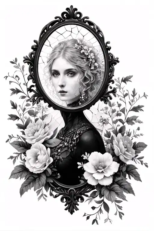 beautiful baroque mirror + beautiful woman's face in mirror + cracked mirror + gothic + feminine + flowers  tattoo design idea